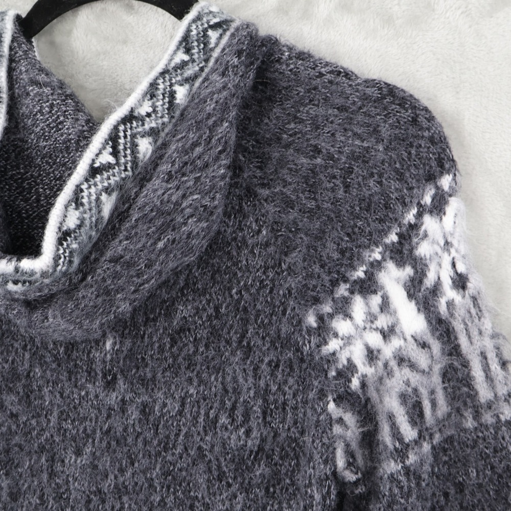 Alpaca Snowflake Hooded Sweater Womens XS Charcoal Gray Fringe Hem Apres Ski - Picture 9 of 16
